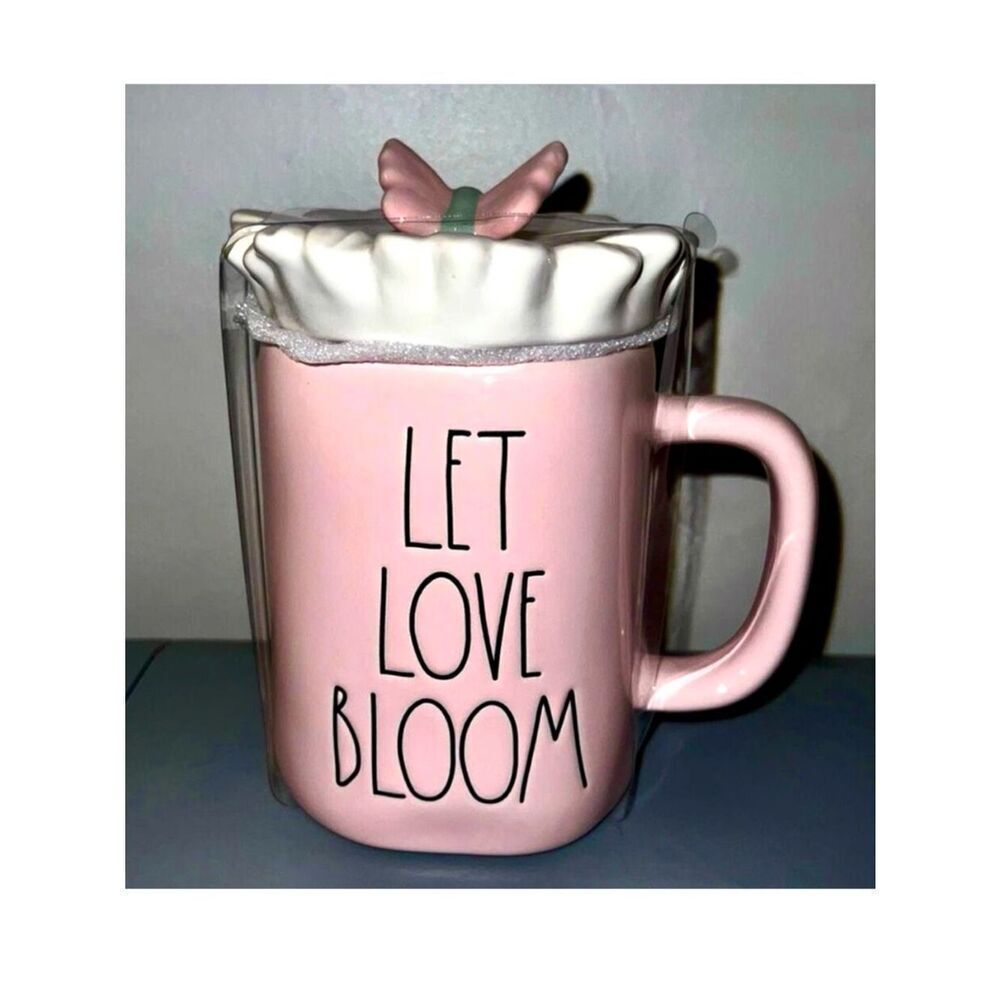 NWT Rae Dunn Gorgeous Let Love Bloom Butterfly Daisy with Topper Lid Pink Mug